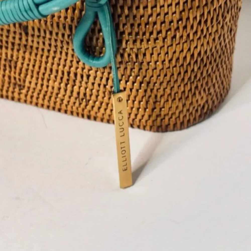 Elliot Lucca Woven Rattan Teal Leather Shoulder Bag Crossbody Handbag